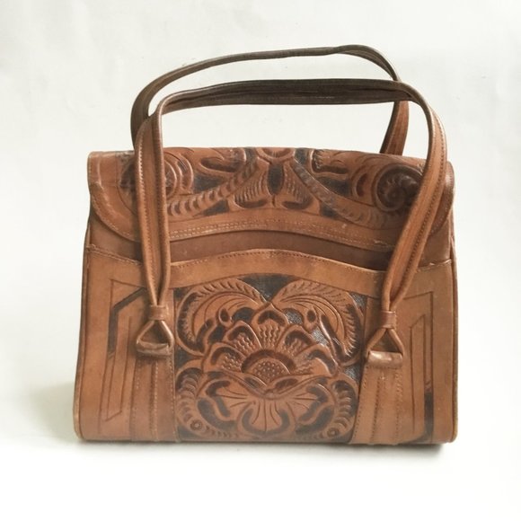 Vintage Avelar's Hand Tooled Floral Leather Handbag Bag Purse - Picture 3 of 13